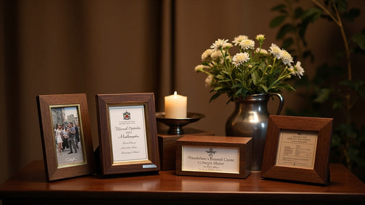 Elegant personalized wedding gift display featuring custom plaques and engraved items