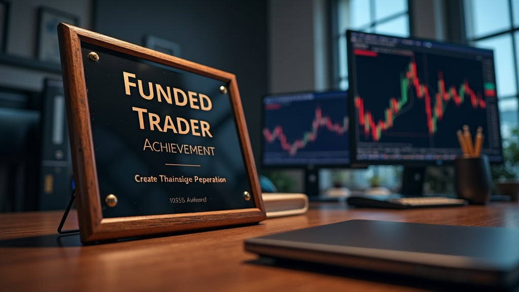 Elegant custom forex trading achievement plaque displayed on a professional trader's desk with multiple monitors in background