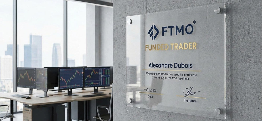 FTMO certificate plaque displayed as an acrylic award in a forex trading workspace