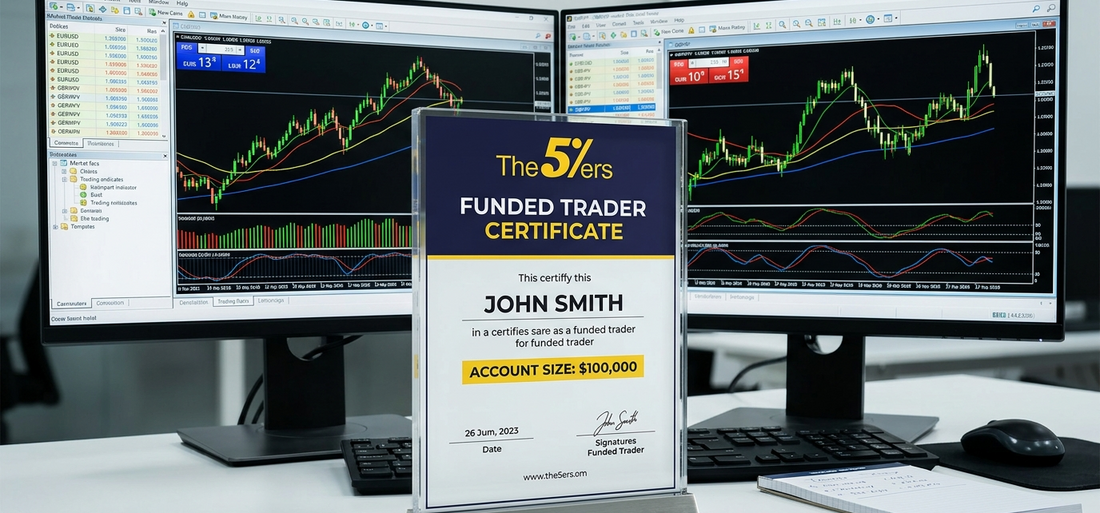 The5ers certificate plaque displayed on a professional forex trader's desk