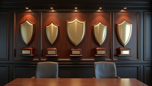 Various trophy plaque sizes displayed on elegant wall mount