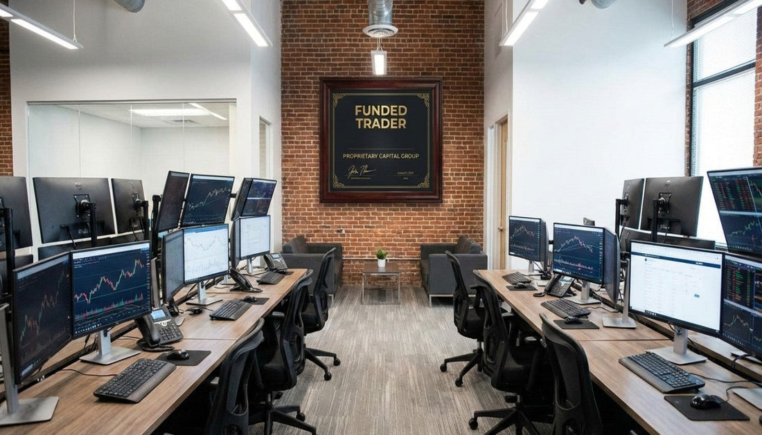 prop firm funded certificate framed professionally in a forex trading office
