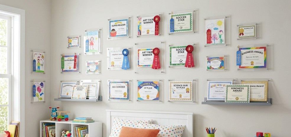 Collection of children's awards and certificates beautifully preserved in clear acrylic plaques displayed on wall