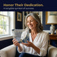 Woman holding a framed certificate in a home setting with text 'Honor Their Dedication. A tangible symbol of success.'