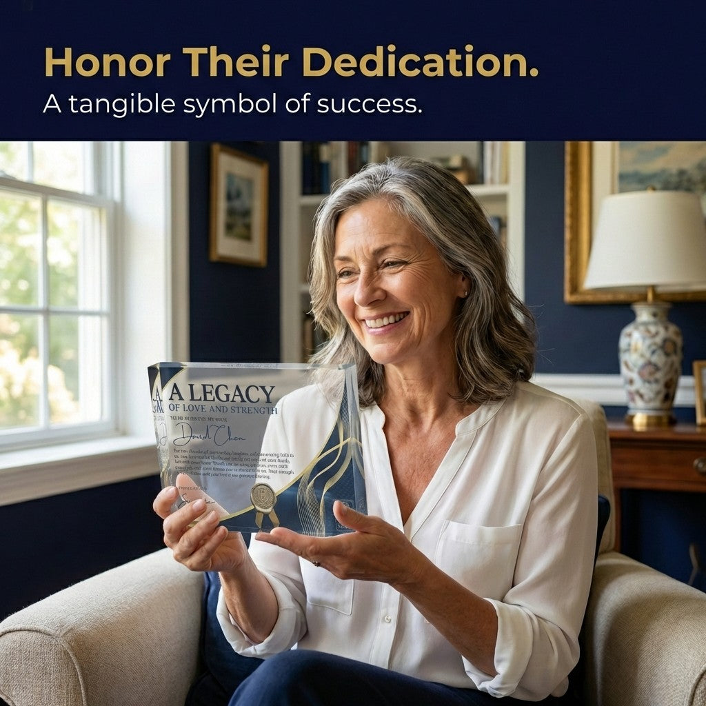 Woman holding a framed certificate in a home setting with text 'Honor Their Dedication. A tangible symbol of success.'