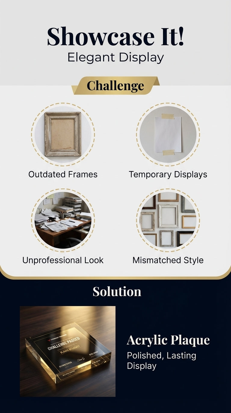 acrylic plaques with challenges and solution text on a white background.