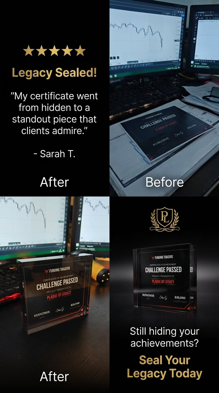 Before and after comparison of a certificate and achievement display with text and branding elements.